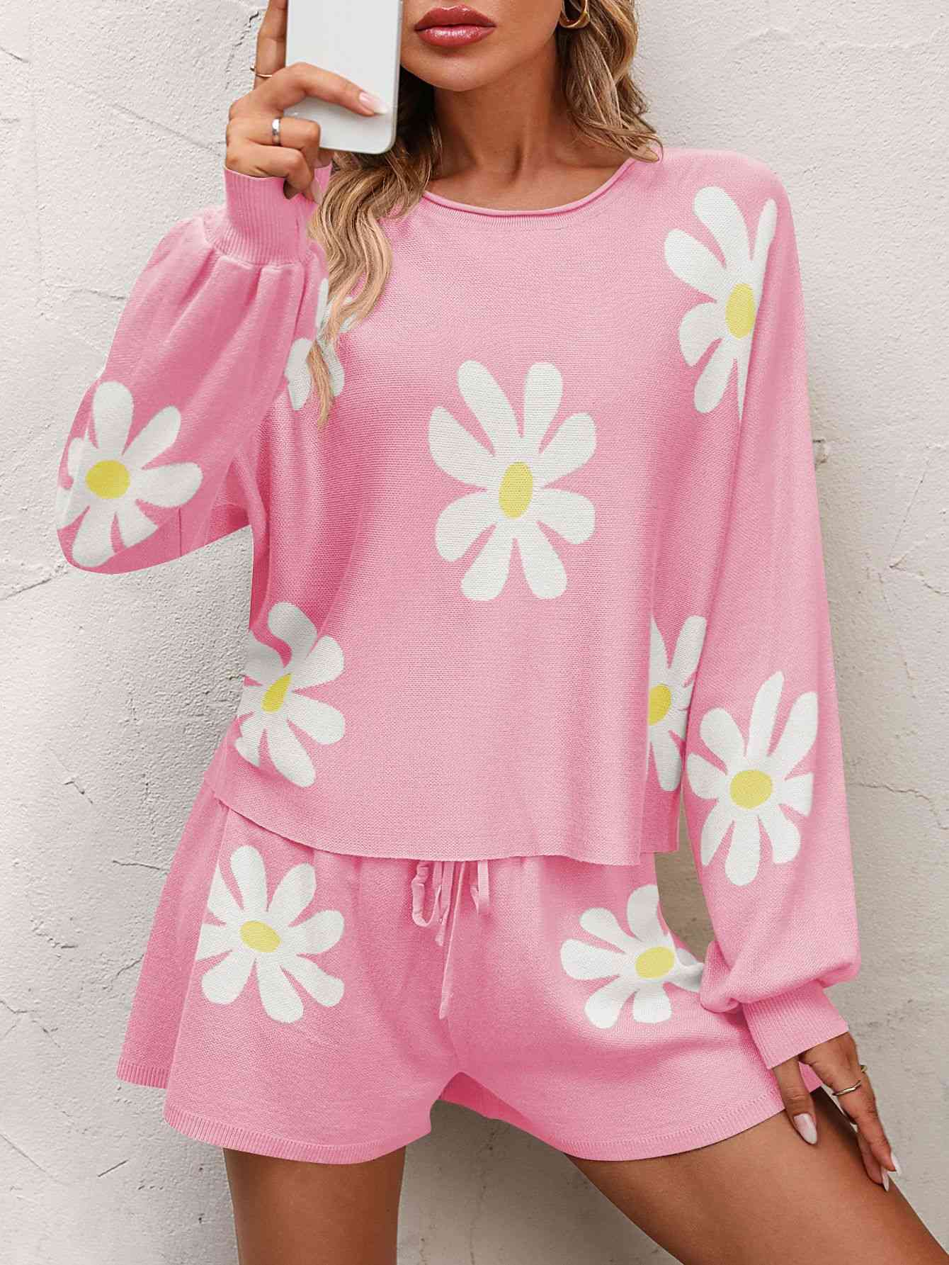 Women's Floral Print Raglan Sleeve Knit Top and Tie Front Sweater Shorts Set Carnation Pink