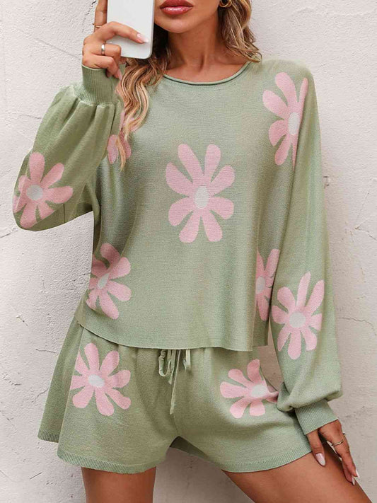 Women's Floral Print Raglan Sleeve Knit Top and Tie Front Sweater Shorts Set