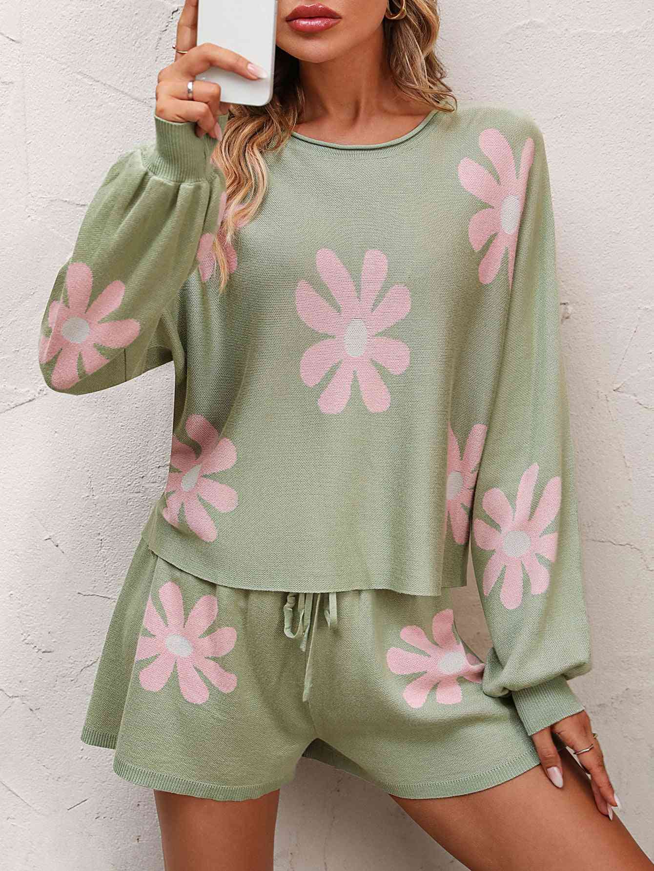 Women's Floral Print Raglan Sleeve Knit Top and Tie Front Sweater Shorts Set Sage
