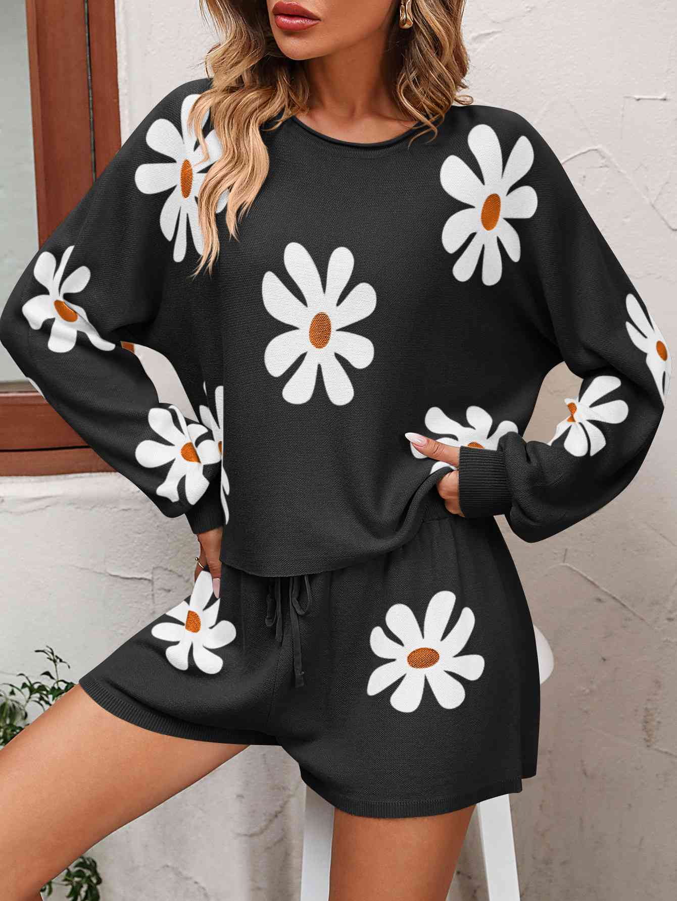 Women's Floral Print Raglan Sleeve Knit Top and Tie Front Sweater Shorts Set