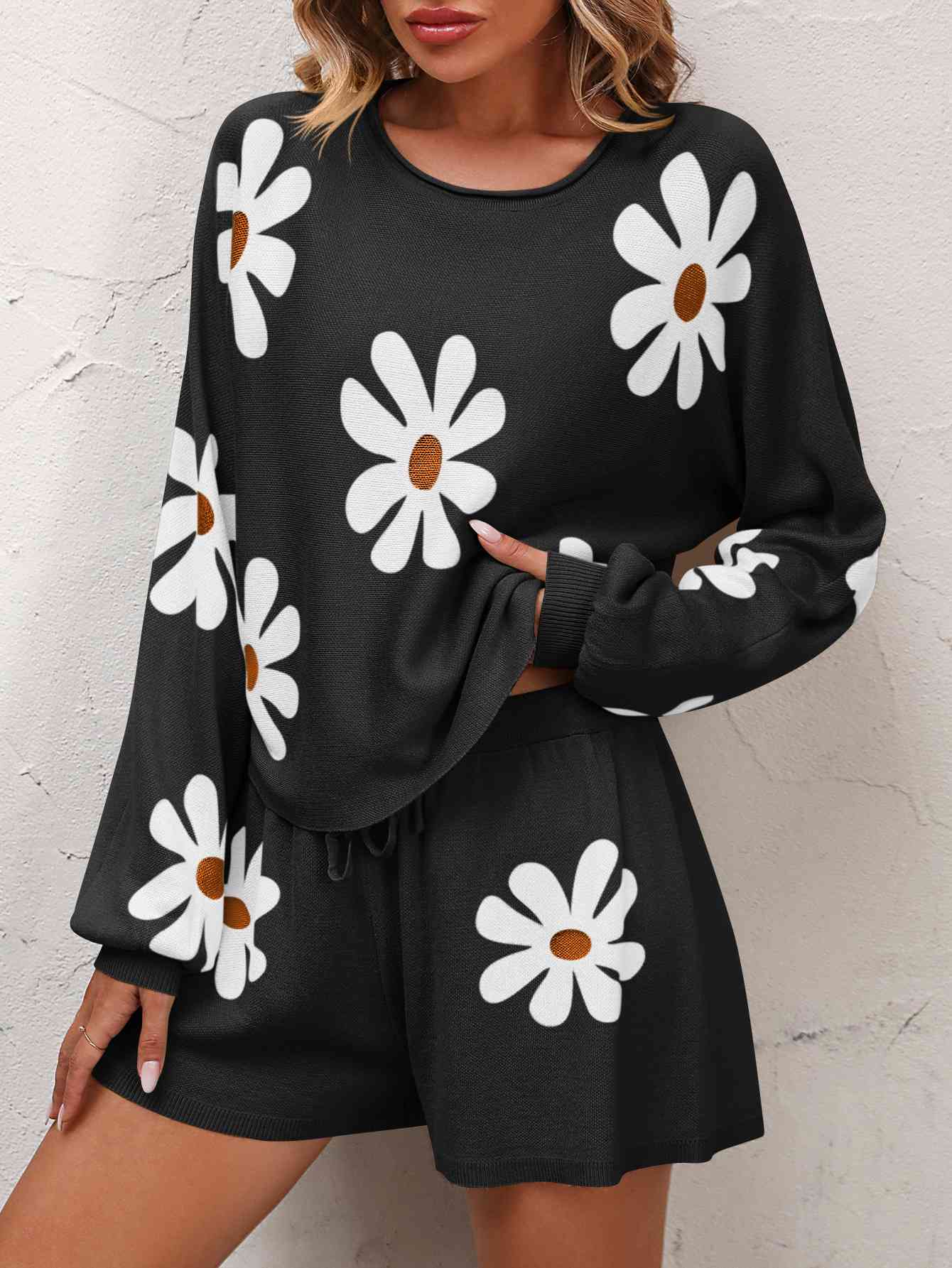 Women's Floral Print Raglan Sleeve Knit Top and Tie Front Sweater Shorts Set