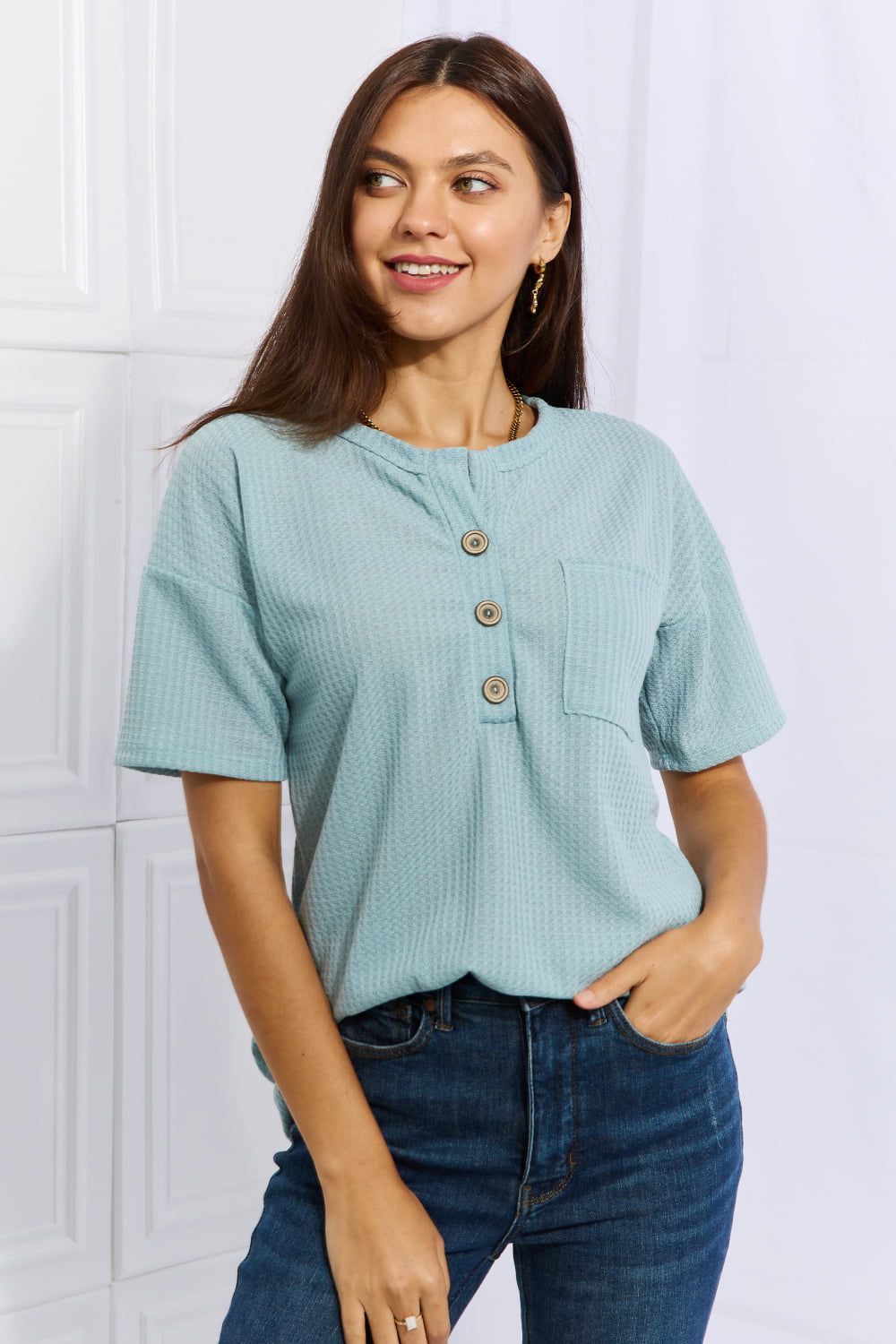 Women's Full Size 1/4 Button Down Waffle Top in Blue