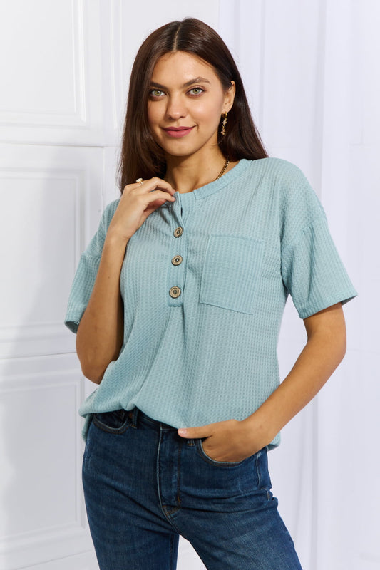 Women's Full Size 1/4 Button Down Waffle Top in Blue Pastel Blue