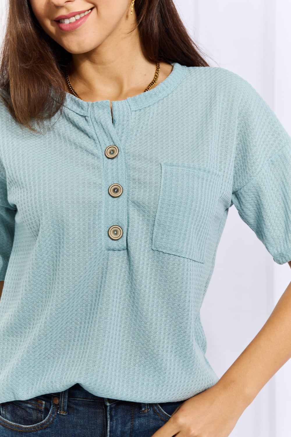 Women's Full Size 1/4 Button Down Waffle Top in Blue
