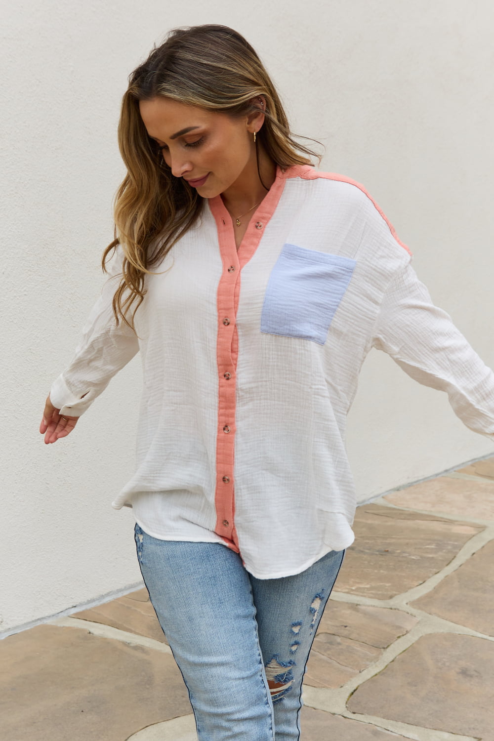 Women's Full Size Color Block Woven Button-Down Shirt