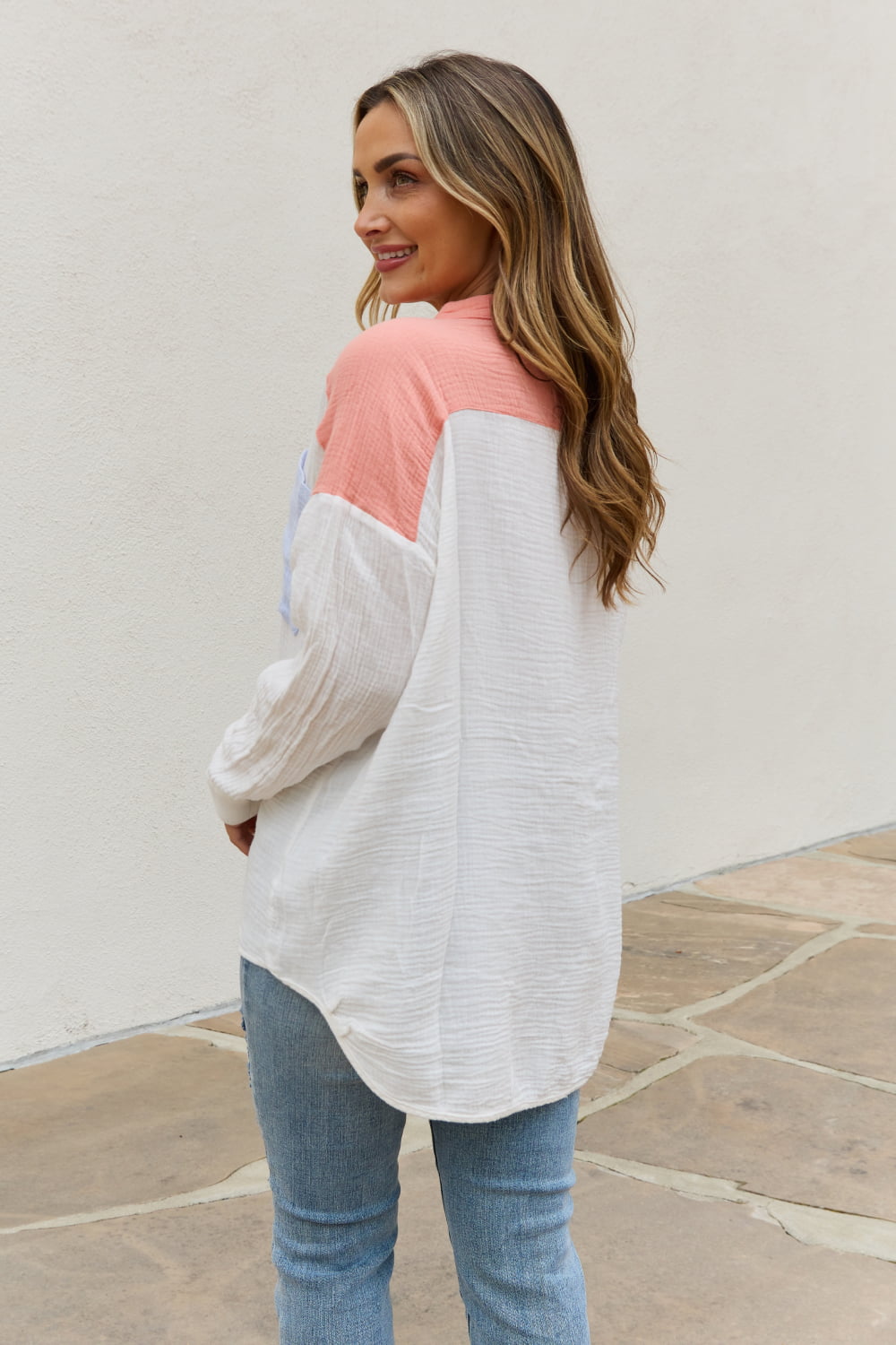 Women's Full Size Color Block Woven Button-Down Shirt
