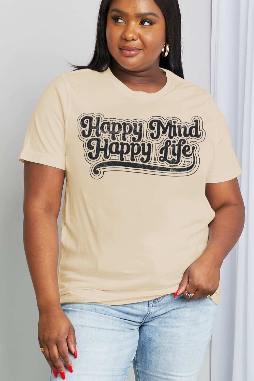 Women's Full Size Happy Mind Happy Life Graphic Cotton Tee Taupe