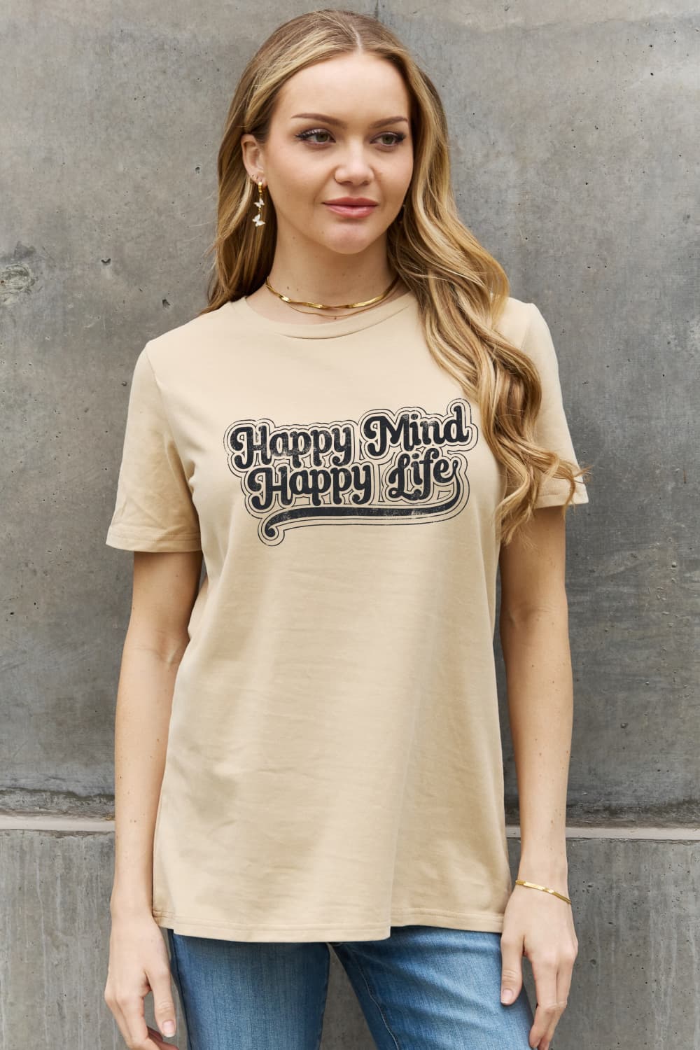 Women's Full Size Happy Mind Happy Life Graphic Cotton Tee