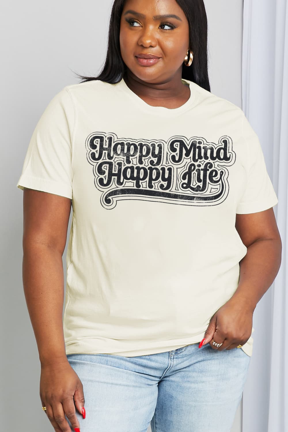 Women's Full Size Happy Mind Happy Life Graphic Cotton Tee Ivory