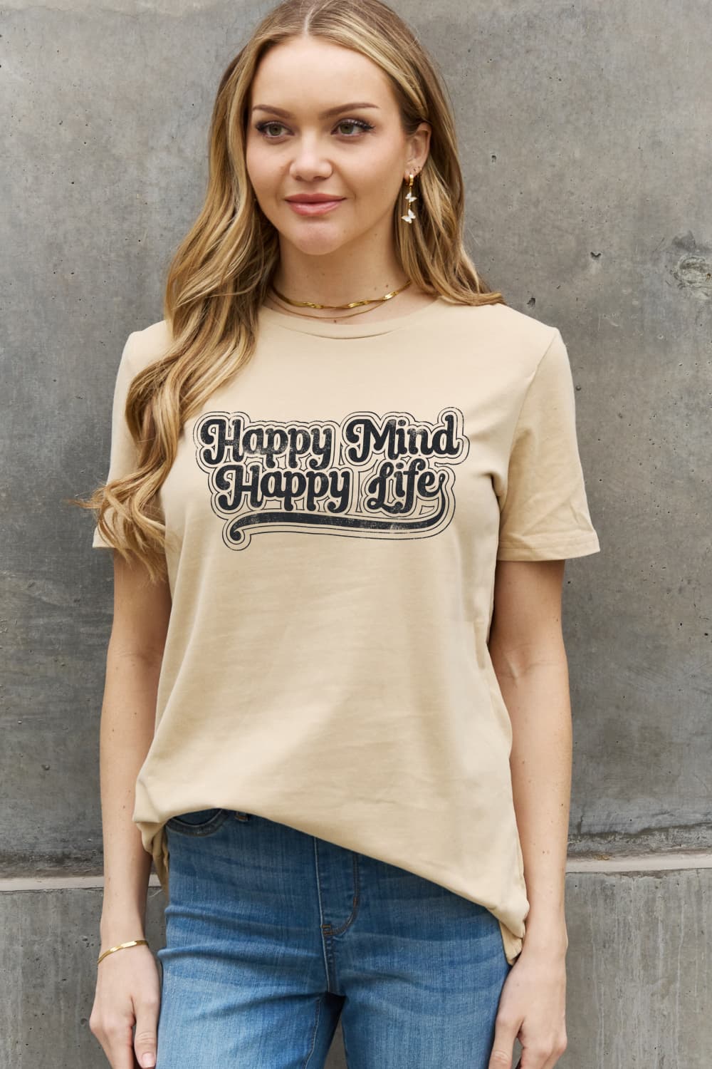 Women's Full Size Happy Mind Happy Life Graphic Cotton Tee