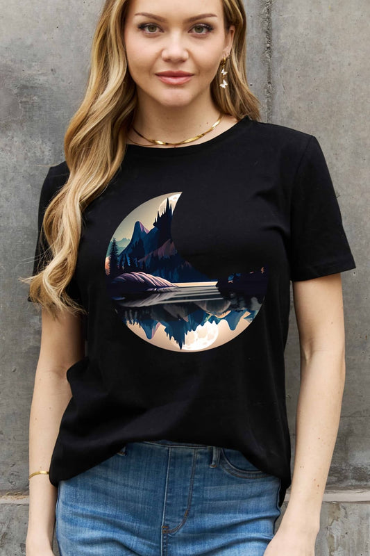 Women's Full Size Moon Graphic Cotton Tee Black