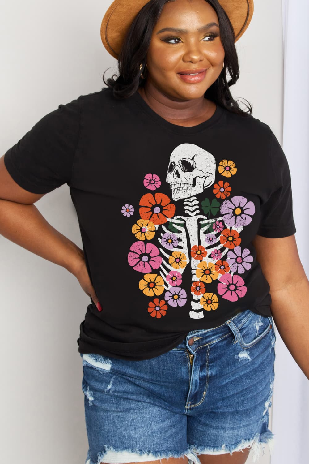 Women's Full Size Skeleton & Flower Graphic Cotton Tee