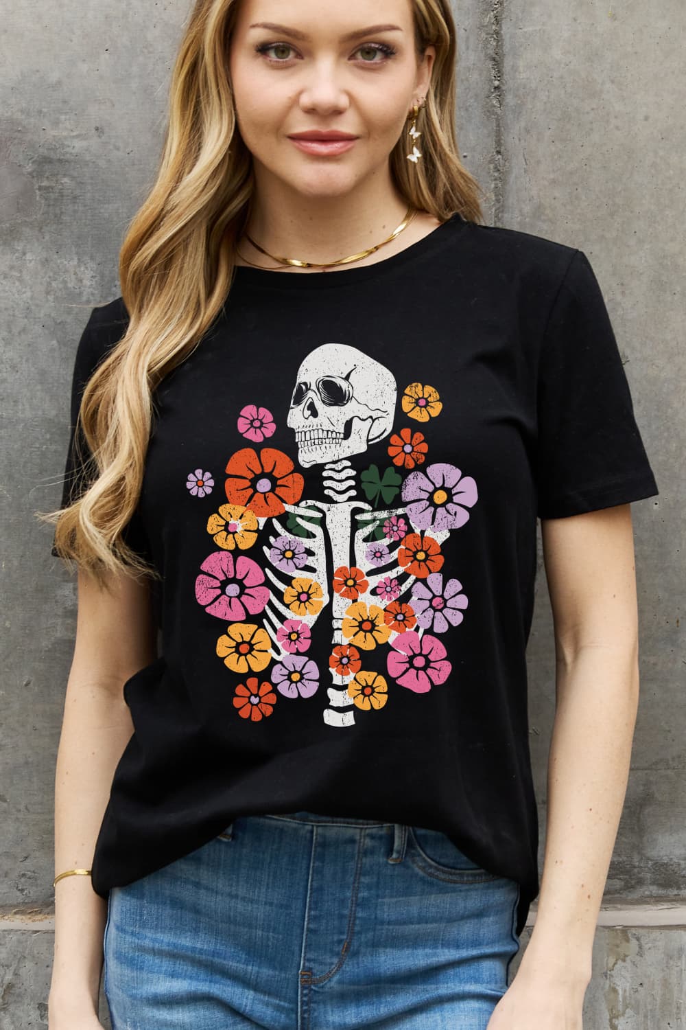 Women's Full Size Skeleton & Flower Graphic Cotton Tee