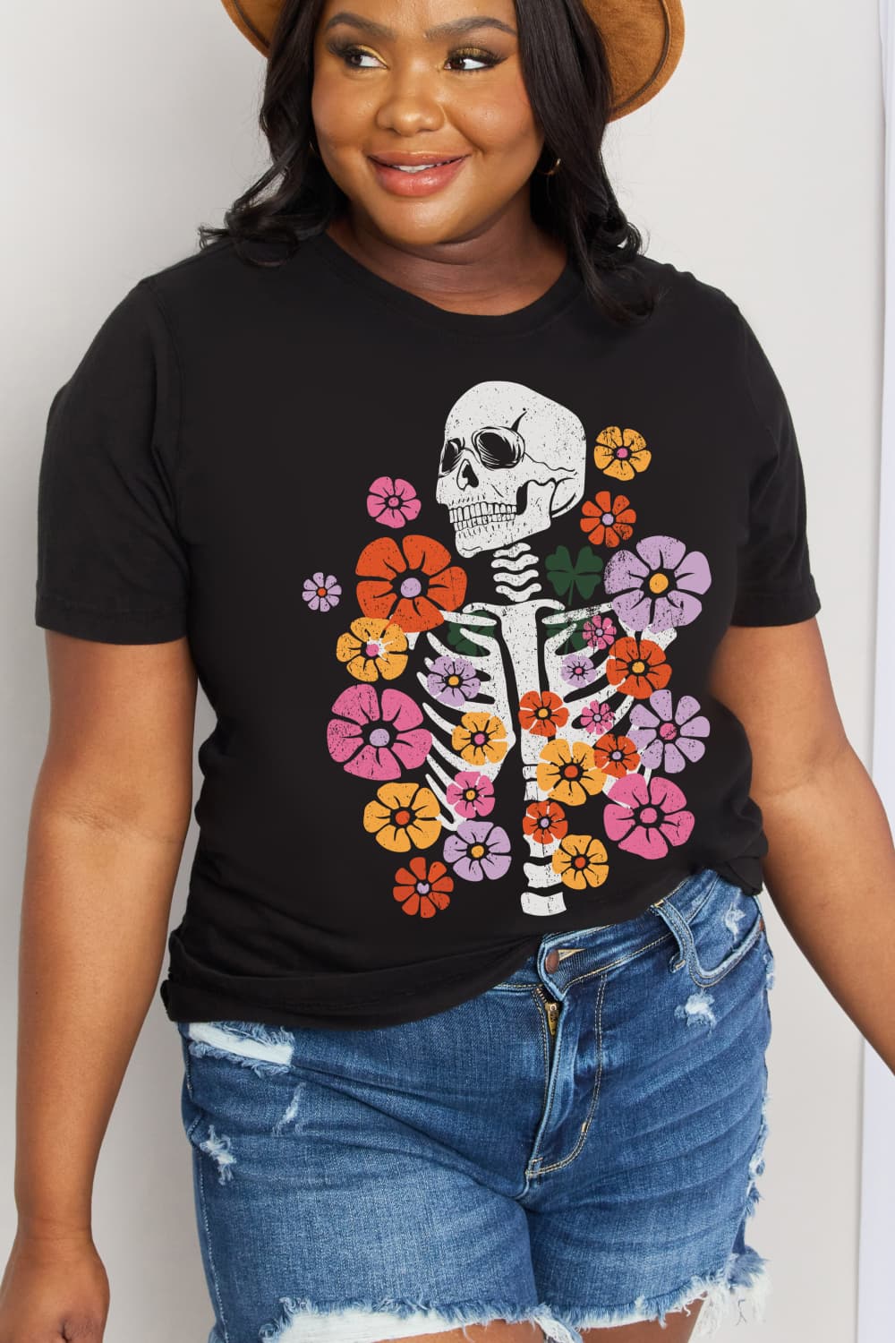 Women's Full Size Skeleton & Flower Graphic Cotton Tee Black