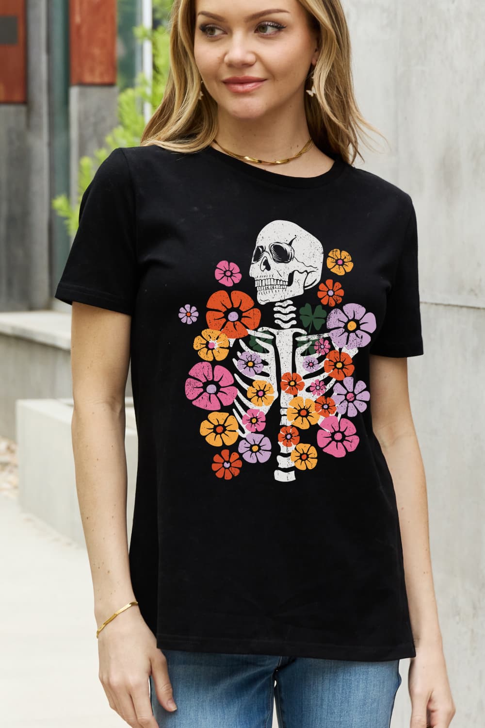 Women's Full Size Skeleton & Flower Graphic Cotton Tee