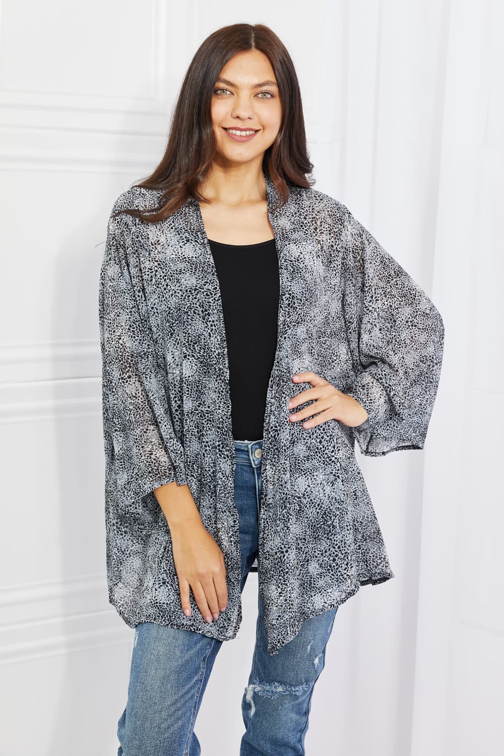 Women's Full Size Snake Print Chiffon Kimono Black/Gray