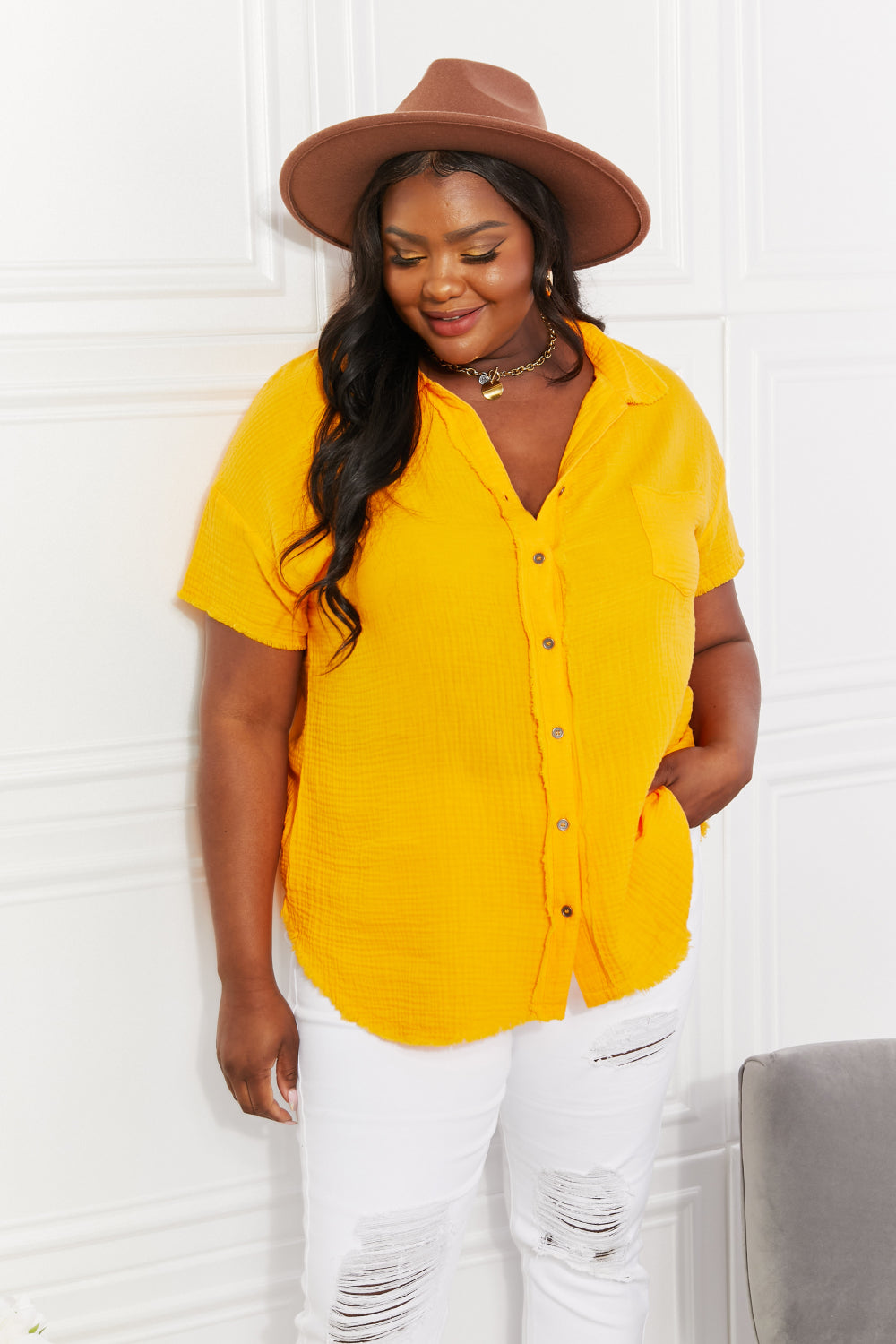 Women's Full Size Summer Breeze Gauze Short Sleeve Shirt in Mustard