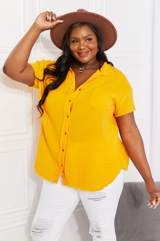 Women's Full Size Summer Breeze Gauze Short Sleeve Shirt in Mustard Mustard