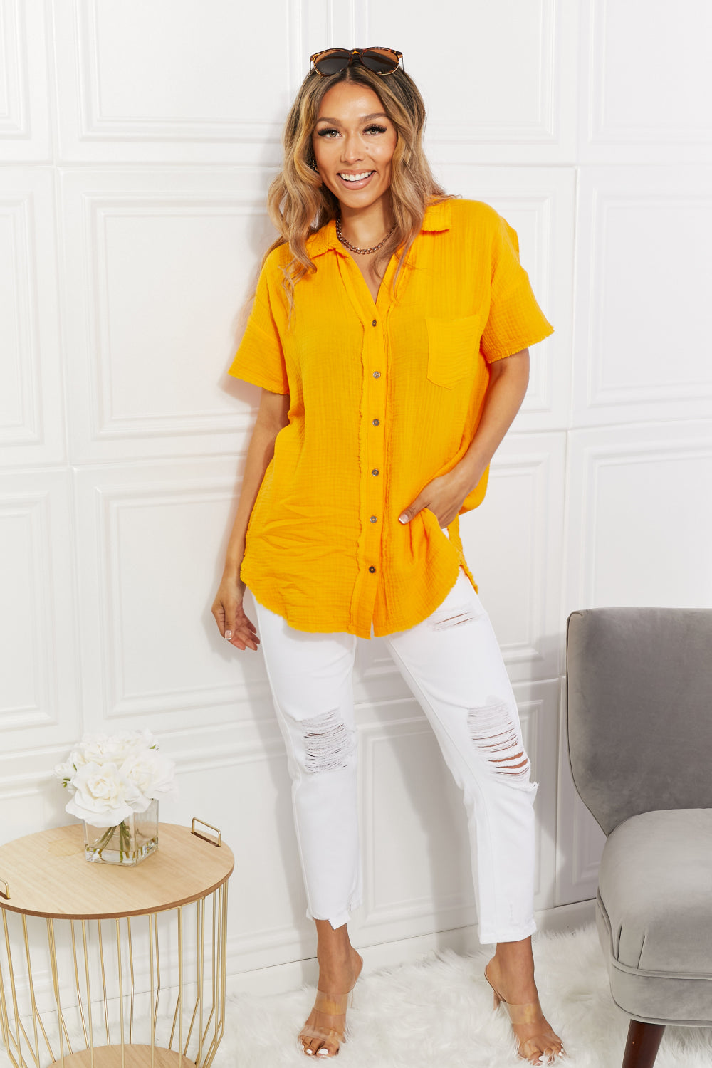 Women's Full Size Summer Breeze Gauze Short Sleeve Shirt in Mustard