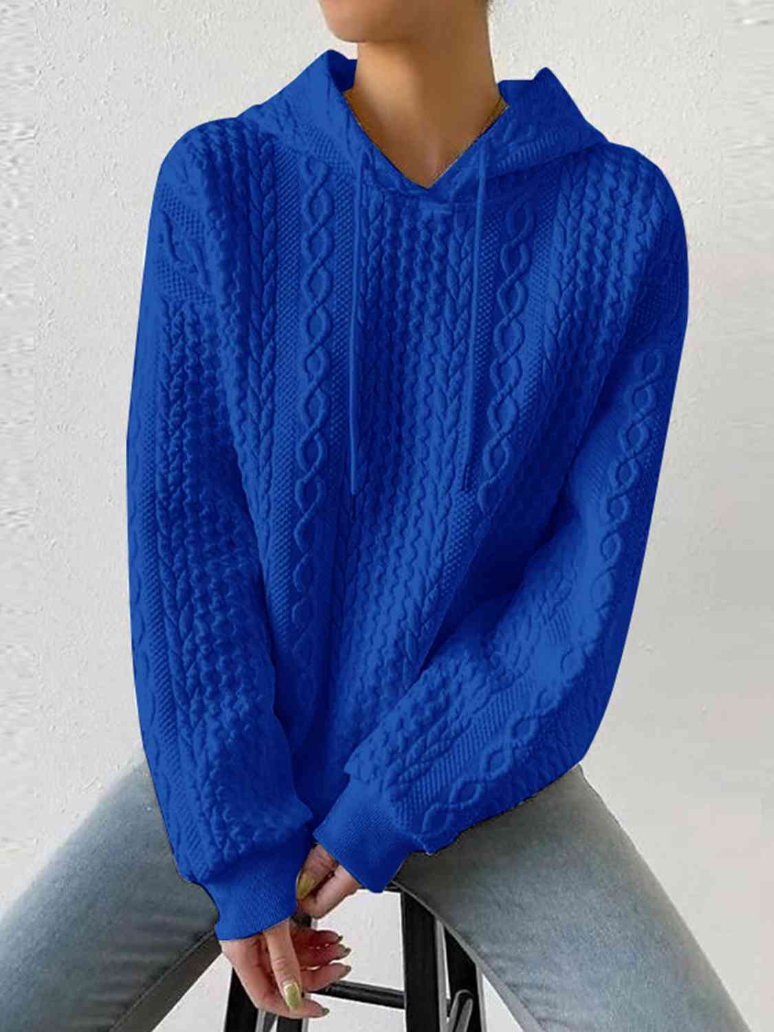 Women's Full Size Textured Drawstring Hoodie Royal Blue