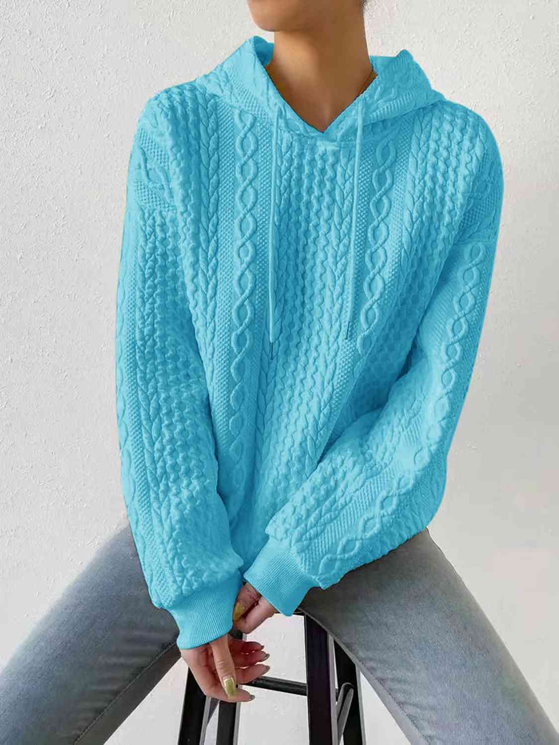 Women's Full Size Textured Drawstring Hoodie Aqua