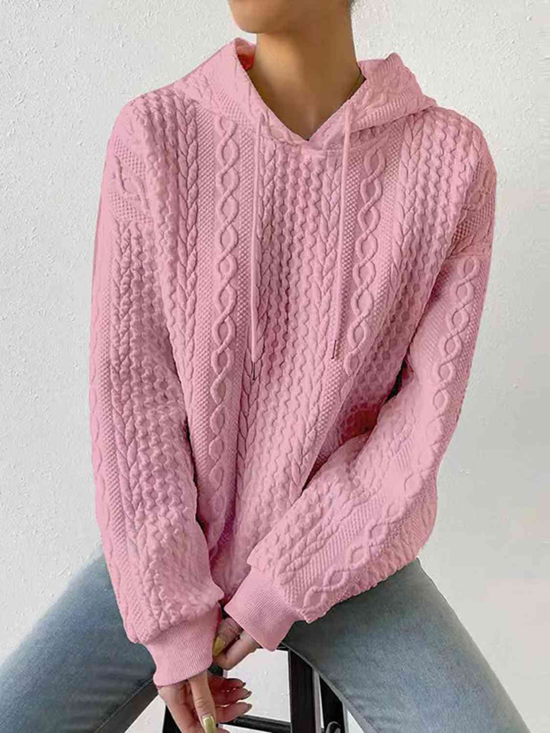 Women's Full Size Textured Drawstring Hoodie Dusty Pink