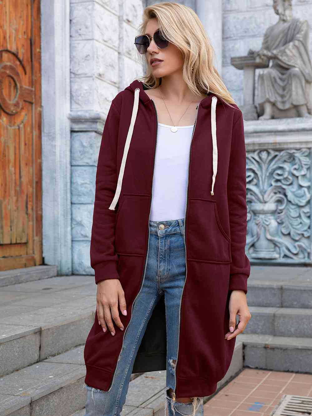 Women's Full Size Zip-Up Longline Hoodie with Pockets Wine