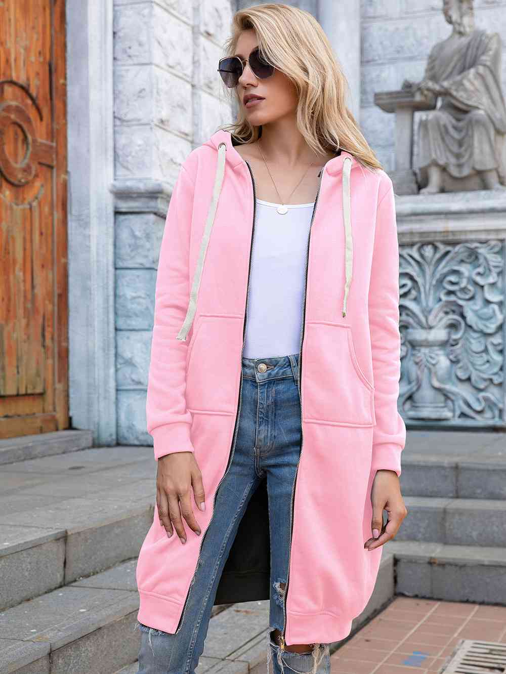 Women's Full Size Zip-Up Longline Hoodie with Pockets Blush Pink