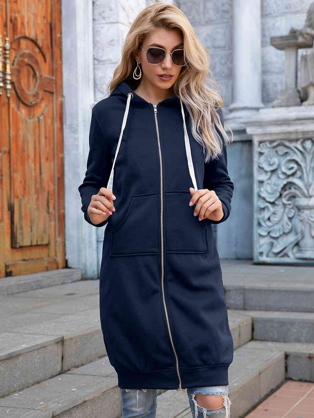 Women's Full Size Zip-Up Longline Hoodie with Pockets