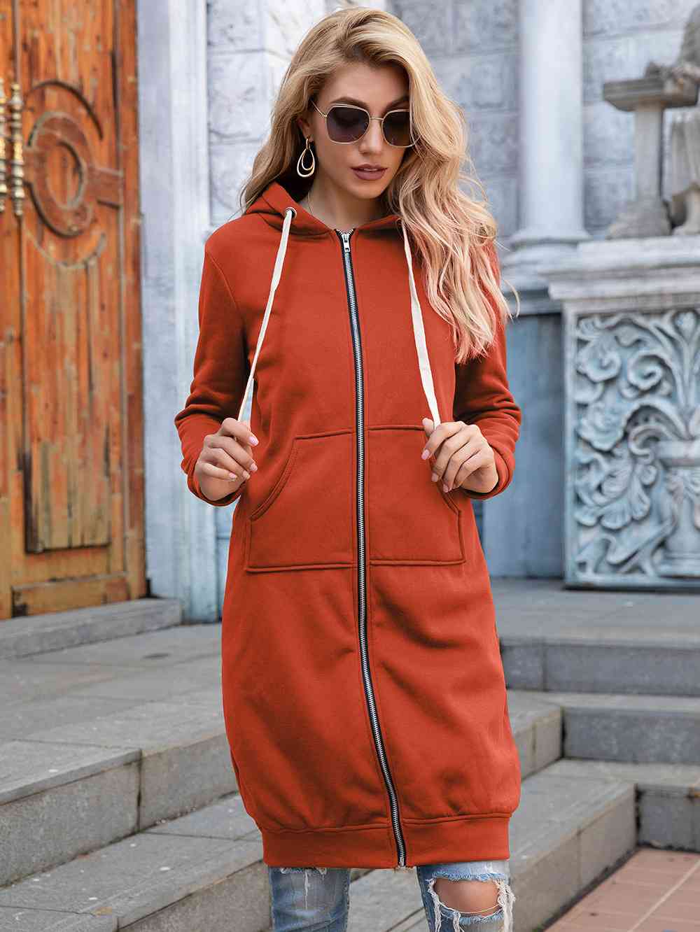Women's Full Size Zip-Up Longline Hoodie with Pockets Orange