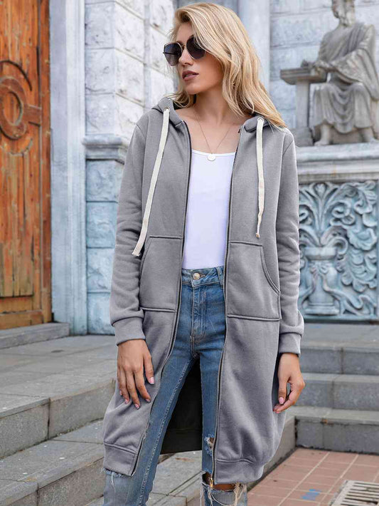 Women's Full Size Zip-Up Longline Hoodie with Pockets Light Gray