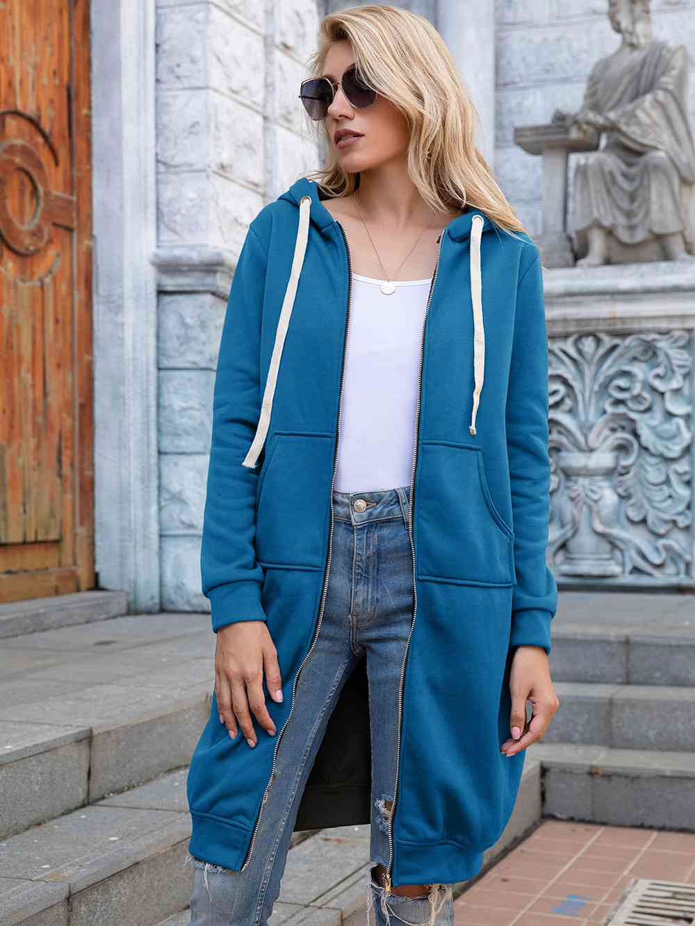 Women's Full Size Zip-Up Longline Hoodie with Pockets Azure