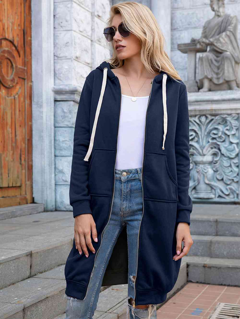 Women's Full Size Zip-Up Longline Hoodie with Pockets Navy