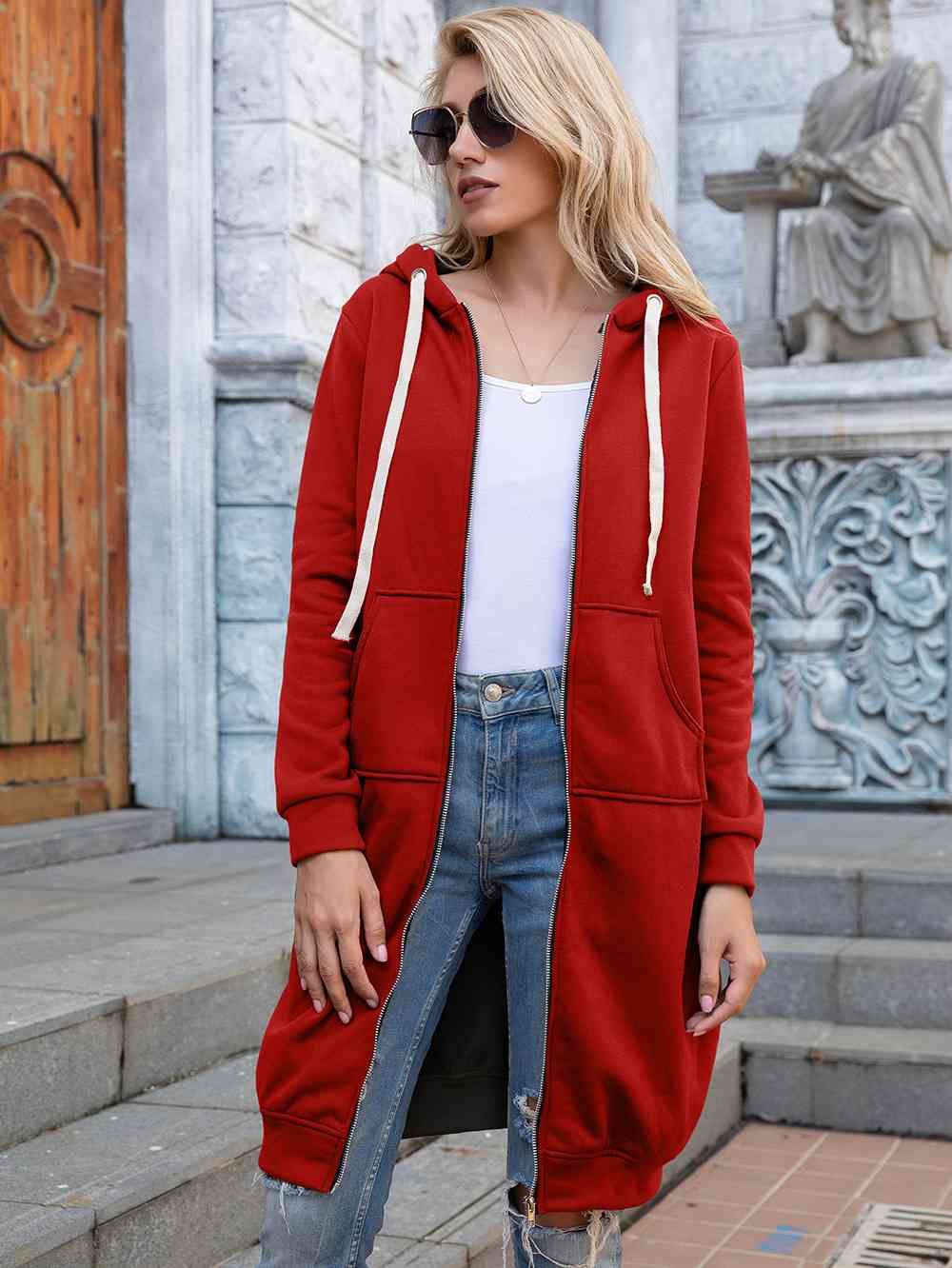 Women's Full Size Zip-Up Longline Hoodie with Pockets Red