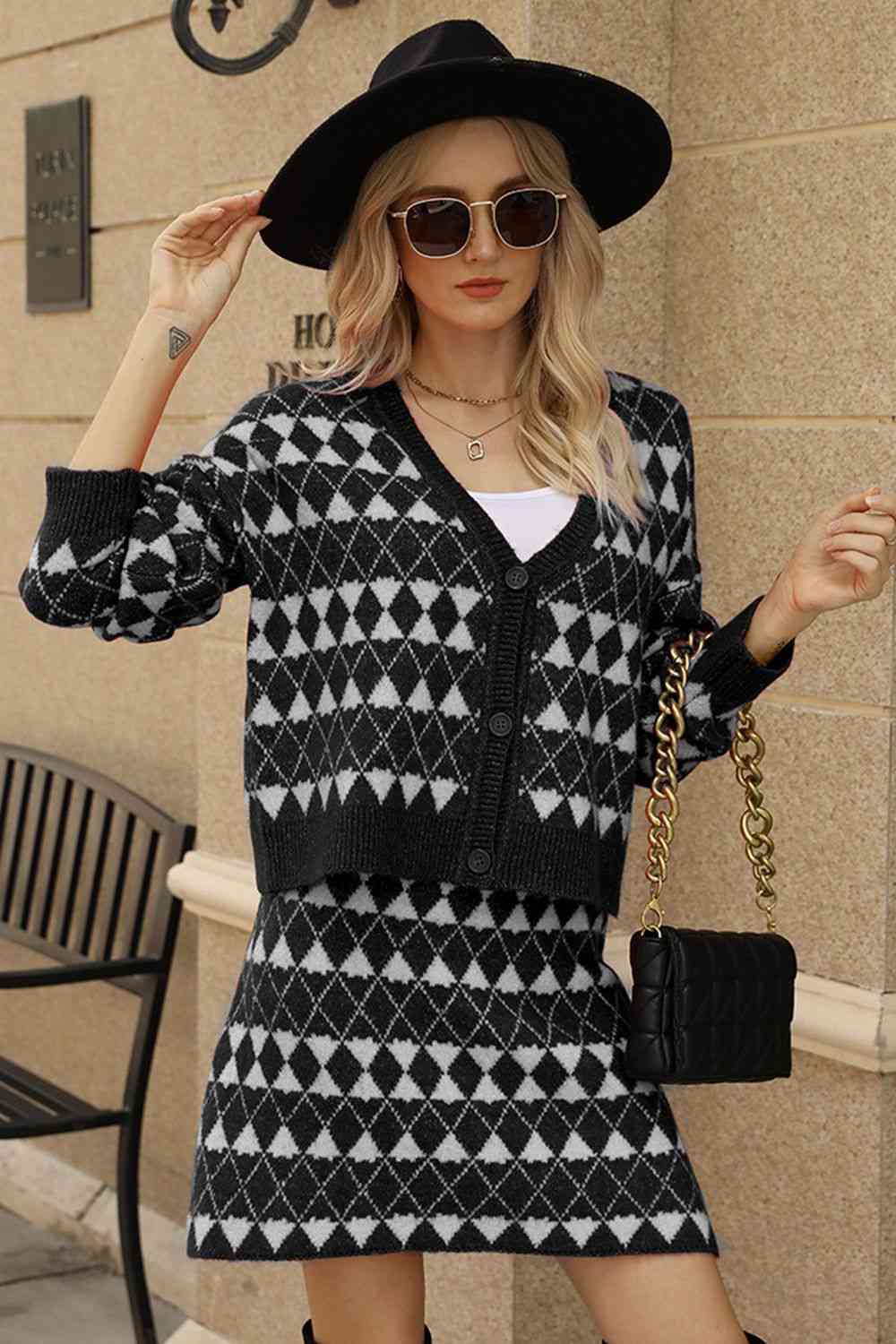 Women's Geometric Dropped Shoulder Cardigan and Knit Skirt Set Black