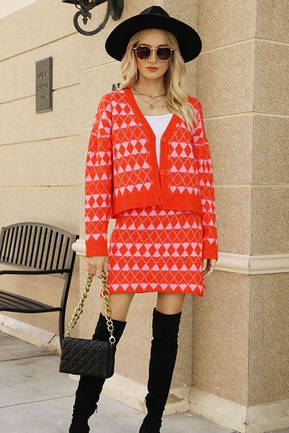 Women's Geometric Dropped Shoulder Cardigan and Knit Skirt Set