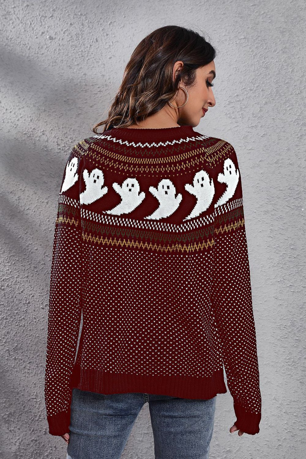 Women's Ghost Pattern Round Neck Long Sleeve Sweater