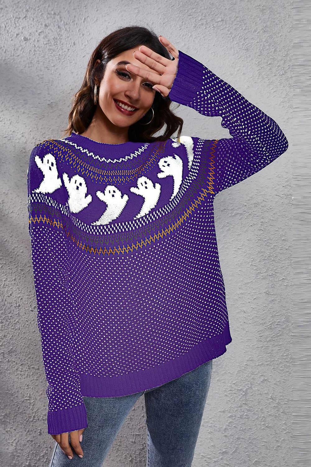 Women's Ghost Pattern Round Neck Long Sleeve Sweater Light Indigo