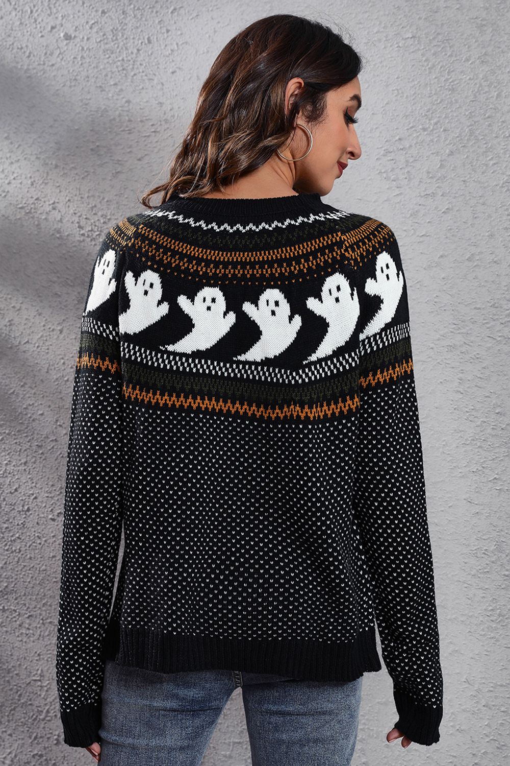 Women's Ghost Pattern Round Neck Long Sleeve Sweater