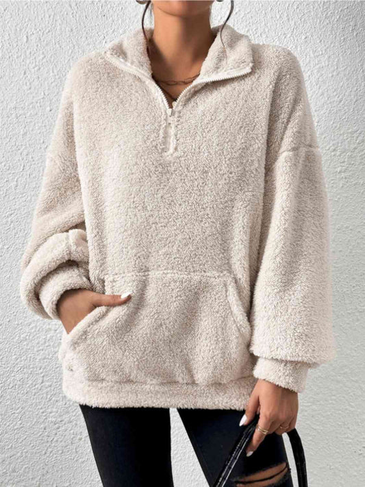 Women's Half-Zip Drop-Shoulder Sweatshirt with Pocket Ivory