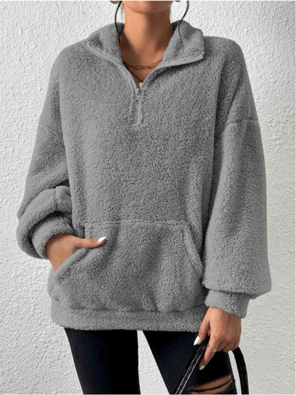 Women's Half-Zip Drop-Shoulder Sweatshirt with Pocket Heather Gray