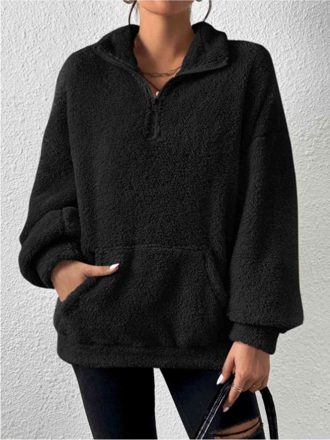 Women's Half-Zip Drop-Shoulder Sweatshirt with Pocket Black