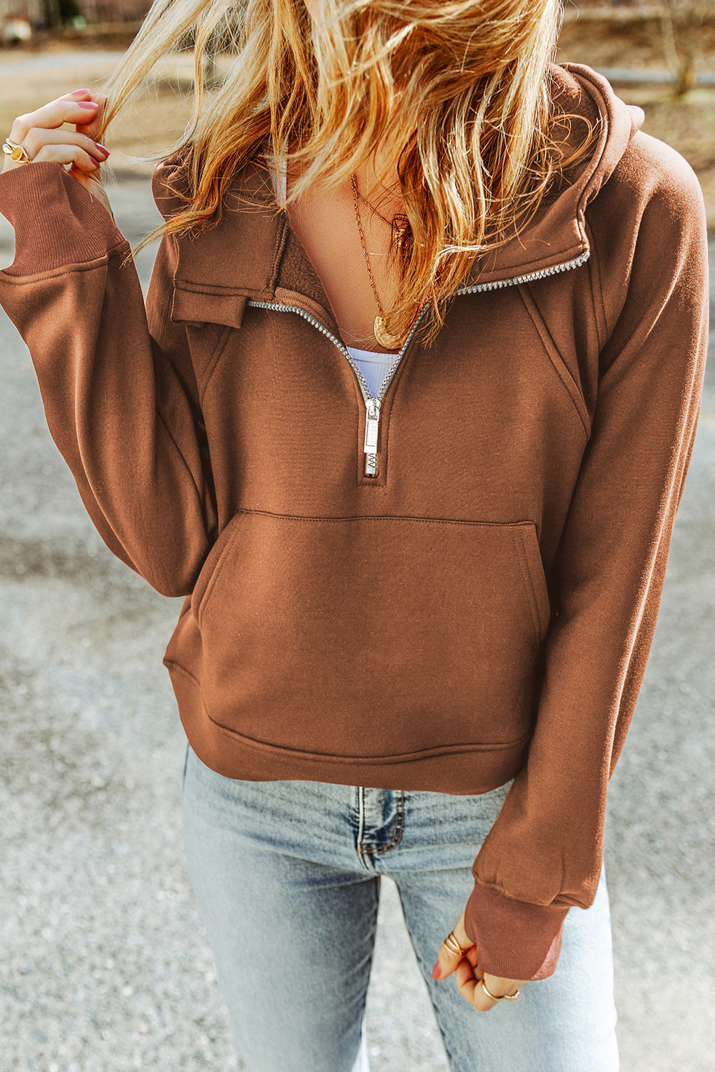 Women's Half-Zip Thumbhole Sleeve Hoodie with Kangaroo Pocket