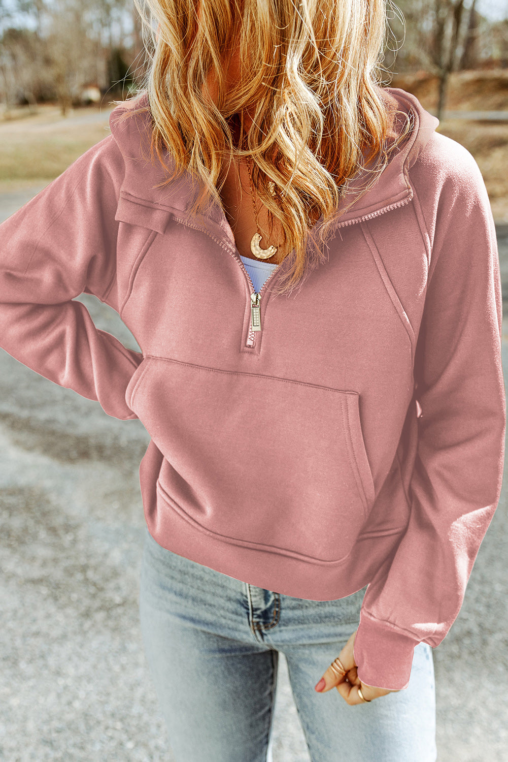 Women's Half-Zip Thumbhole Sleeve Hoodie with Kangaroo Pocket Blush Pink