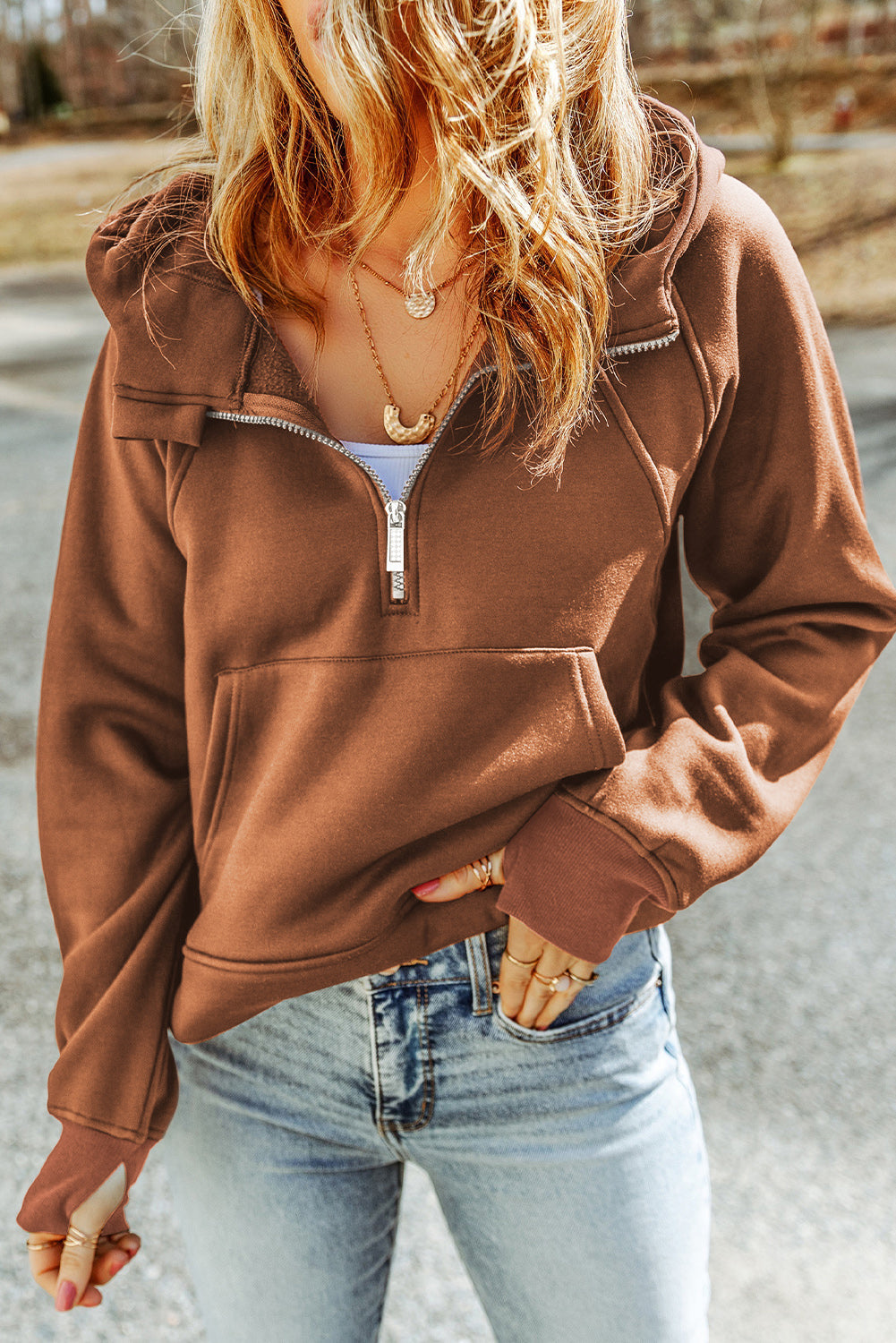 Women's Half-Zip Thumbhole Sleeve Hoodie with Kangaroo Pocket