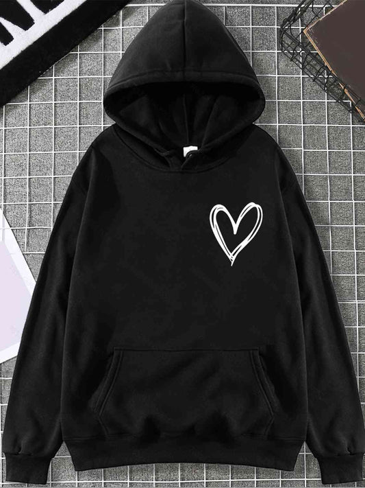 Women's Heart Graphic Drawstring Hoodie with Pocket Black