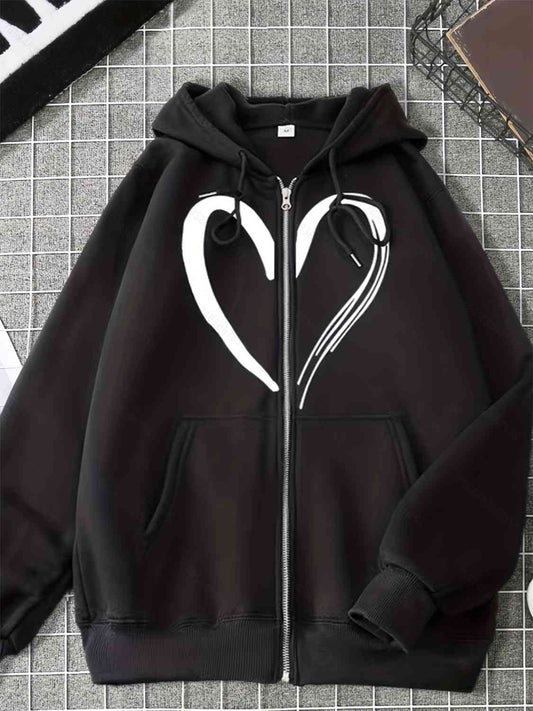 Women's Heart Graphic Drawstring Hoodie with Pockets Black