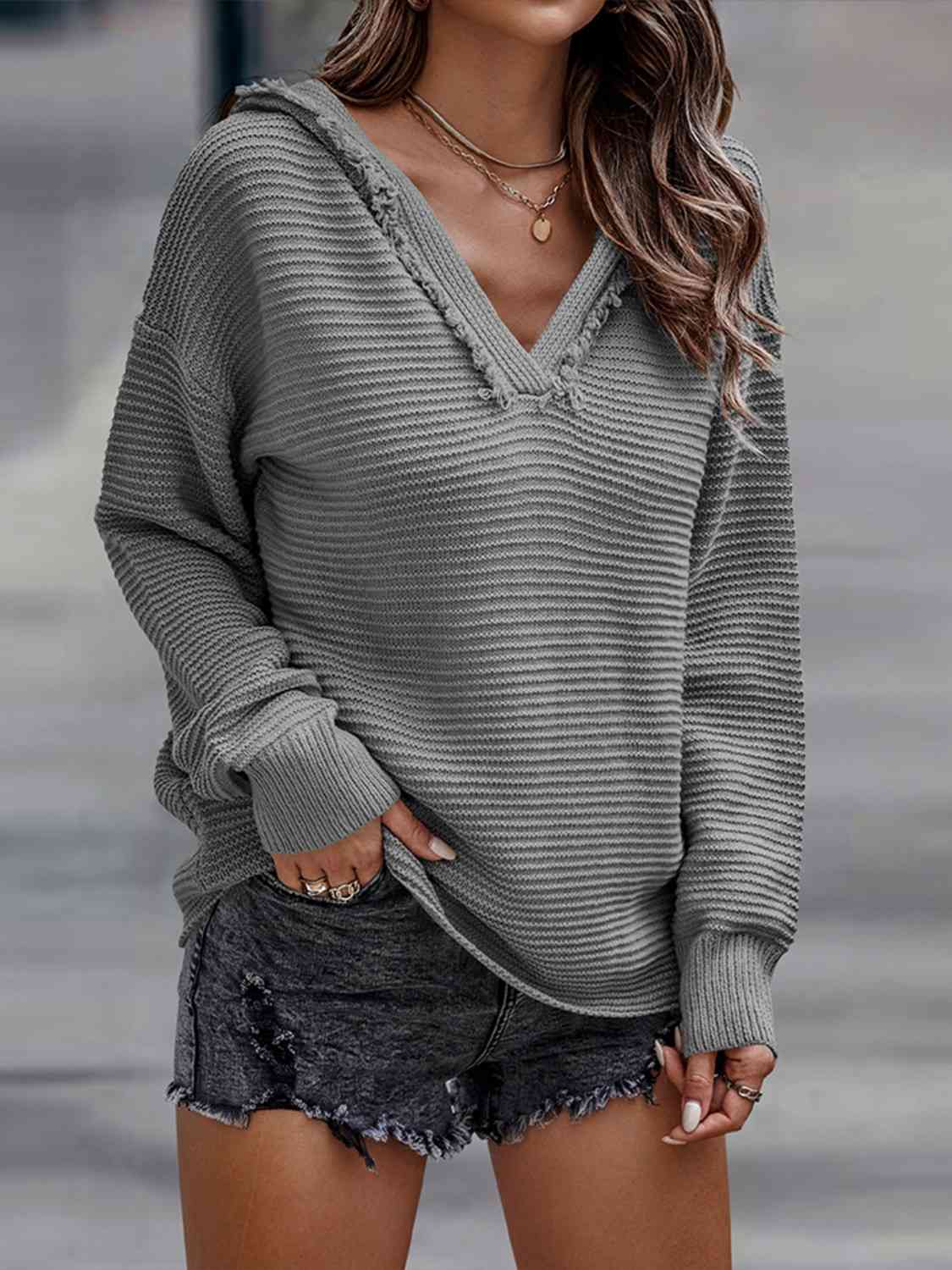 Women's Horizontal Ribbing Hooded Sweater