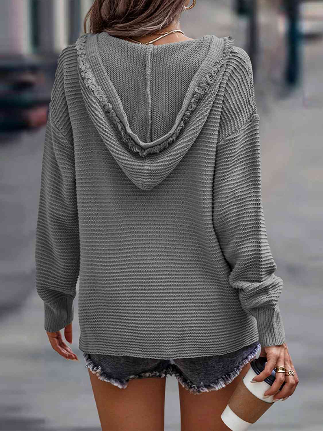 Women's Horizontal Ribbing Hooded Sweater