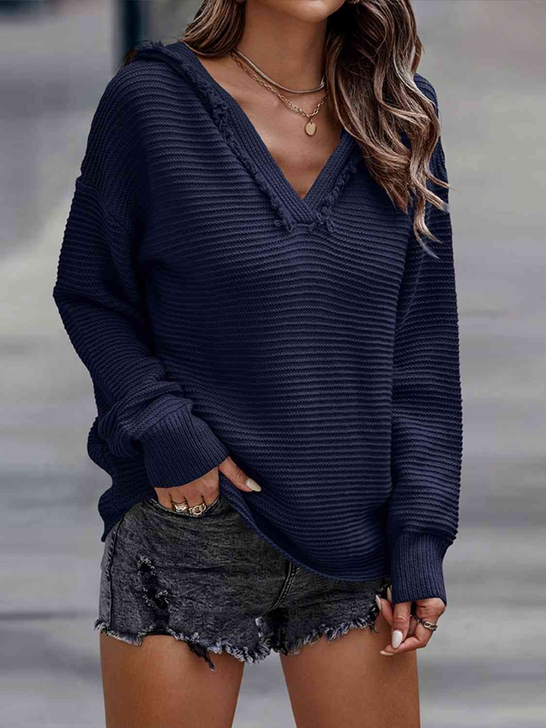 Women's Horizontal Ribbing Hooded Sweater